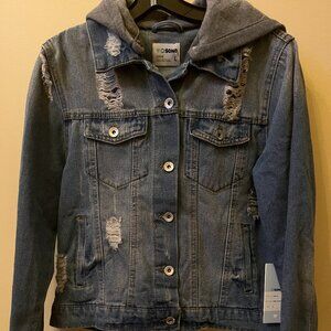 Distressed Denim Jean Jacket with Hood - NEW